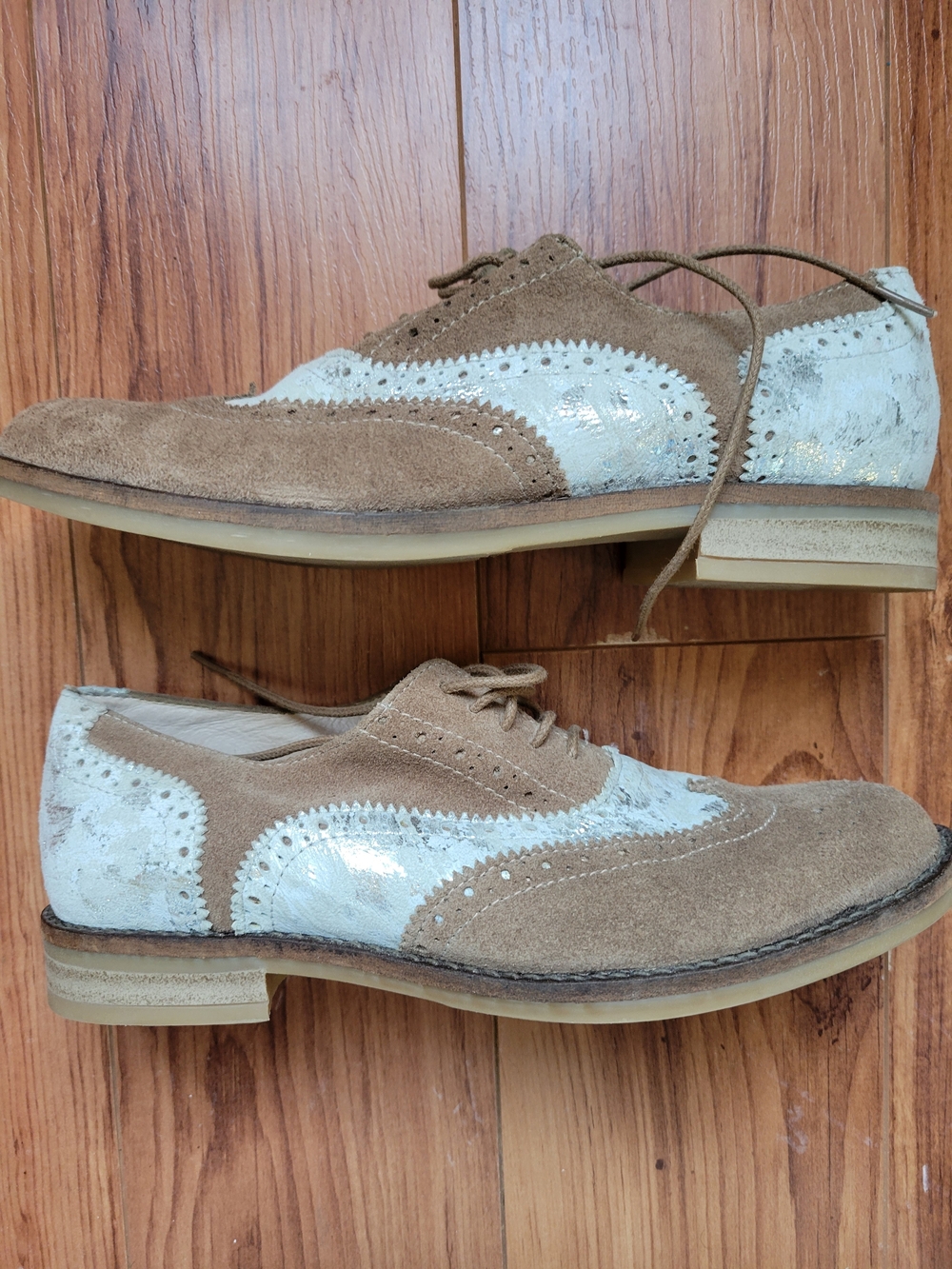 Women's Two-Tone Suede Wingtip Oxfords in Tan and Silver